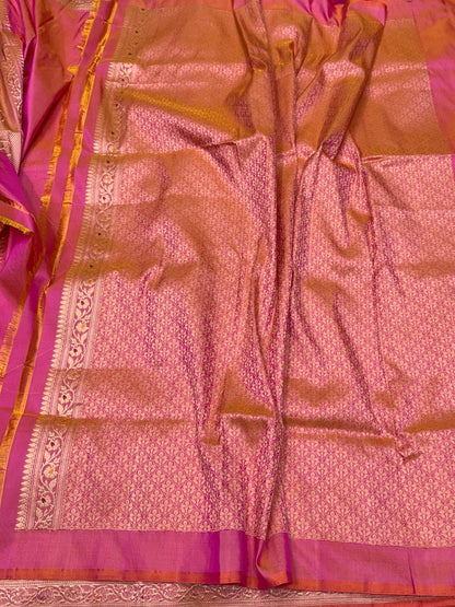 Orangish Pink Handwoven Pure Banarasi Katan Silk Saree | Kadwa Weave | Intricate Skirt Design | Kadiyal Border | Pure Silk Handloom Saree