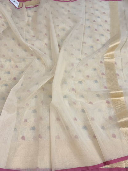 White Pure Banarasi Kora Cotton Saree