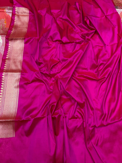Rani Pink Handwoven Pure Banarasi Rangkaat Silk Saree