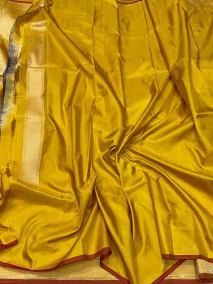 Mustard Yellow Handwoven Pure Banarasi Katan Silk Saree – Kadwa Weave | Traditional Kadiyal Border | 100% Pure Mulberry Silk
