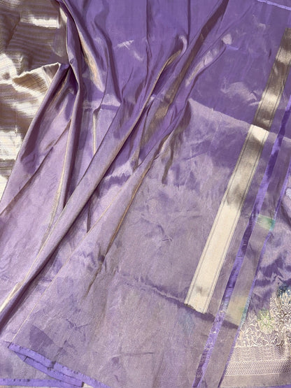 Lavender Handwoven Pure Banarasi Tissue Silk Saree – Kadwa Weave | Lightweight Katan-Tissue Silk | Modern Skirt Design