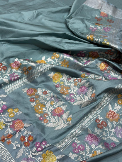 Grey Handwoven Pure Banarasi Silk Saree in Kadwa Weave | Authentic Katan Mulberry Silk