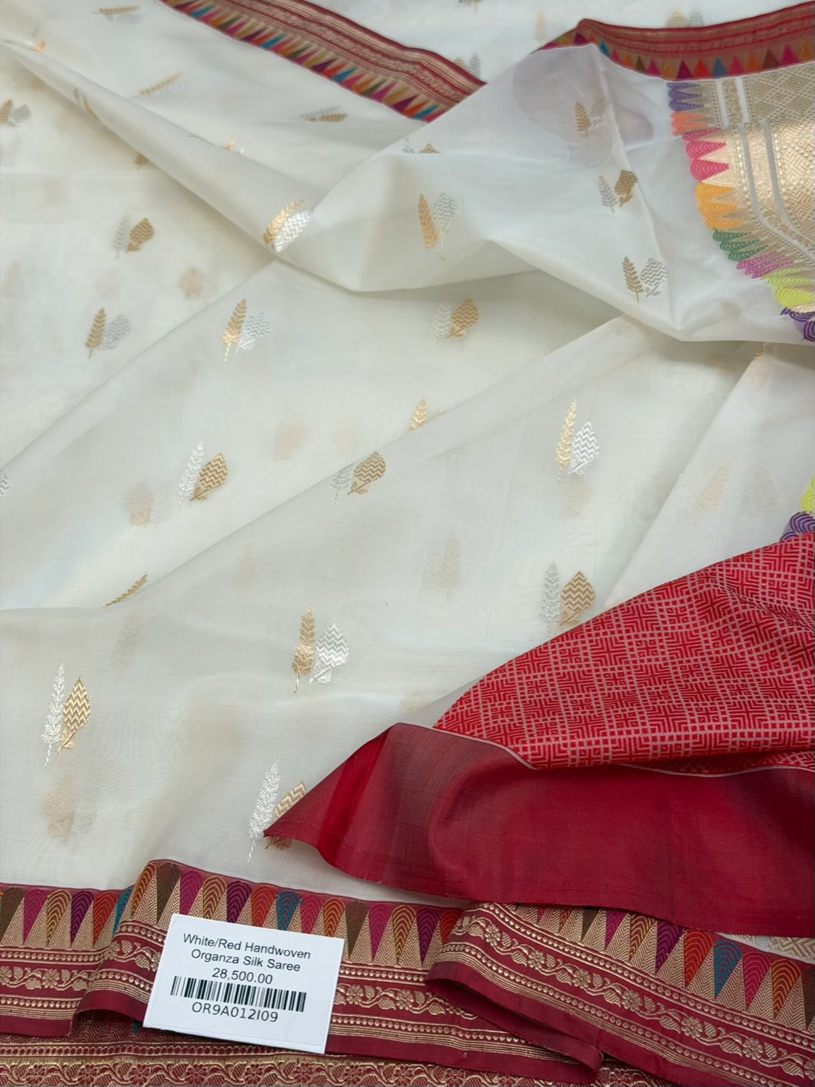 White/Red Handwoven Pure Banarasi Organza Silk Saree