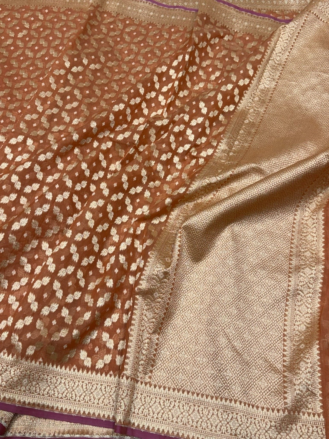 Rust Banarasi Pure Kora Cotton Saree