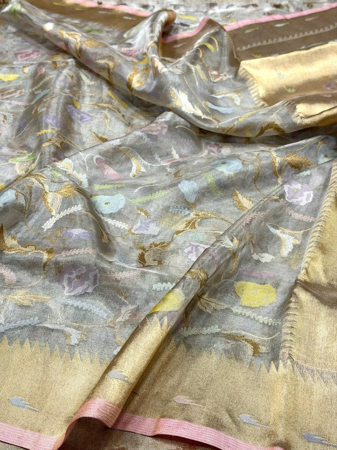 Silver Grey Handwoven Pure Banarasi Ektara Tissue Saree