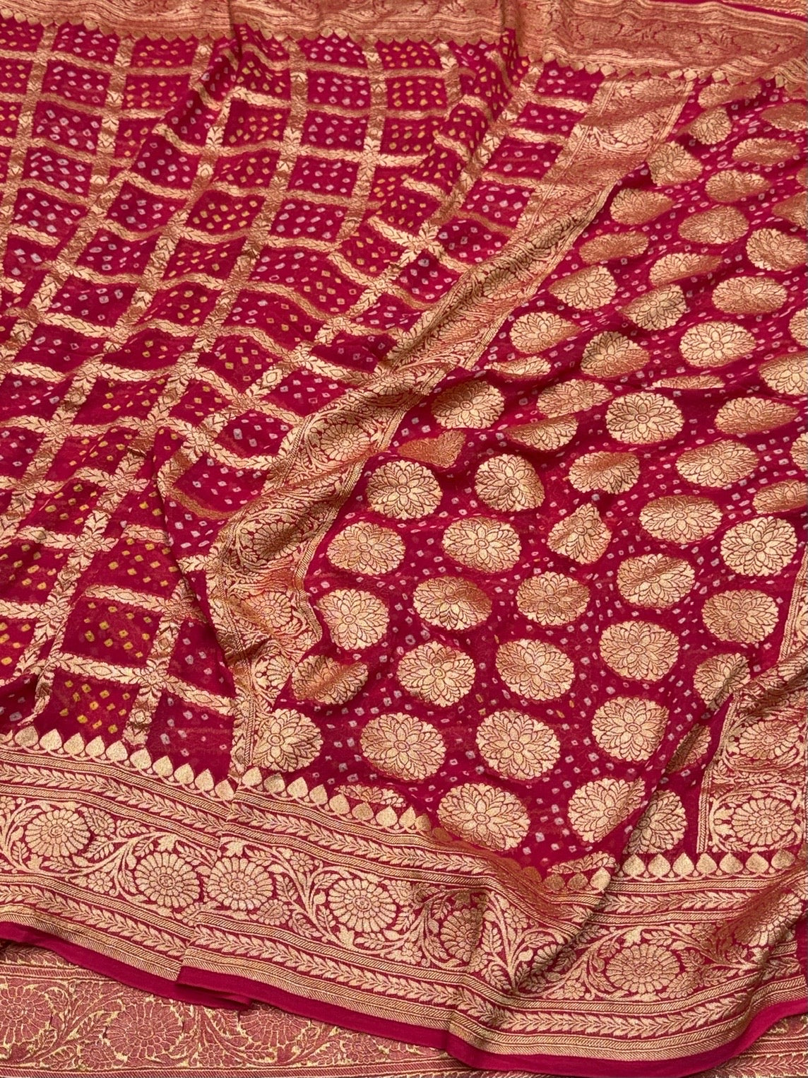 Orangish Pink Banarasi Pure Bandhej Georgette Saree – Luxury Cutwork Brocade Festive Saree