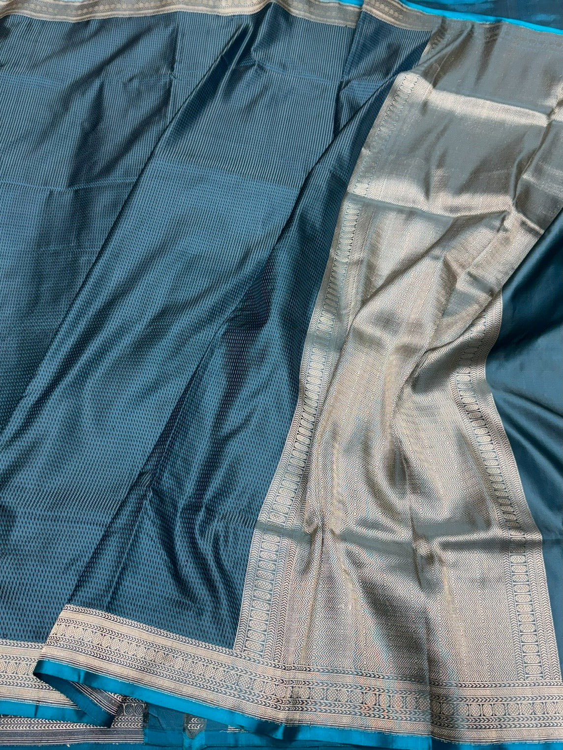 Teal Blue Handwoven Pure Banarasi Satin Tanchoi Silk Saree – Kadwa Weave | Authentic Banaras Handloom