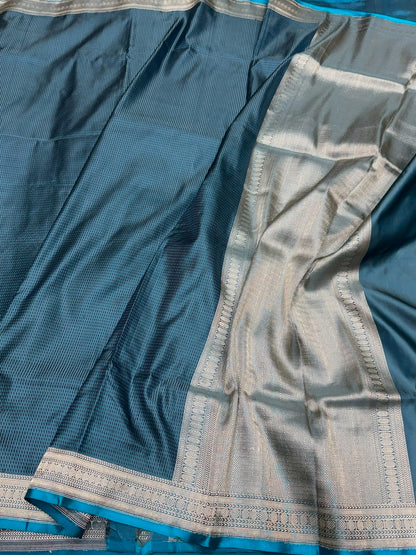 Teal Blue Handwoven Pure Banarasi Satin Tanchoi Silk Saree – Kadwa Weave | Authentic Banaras Handloom