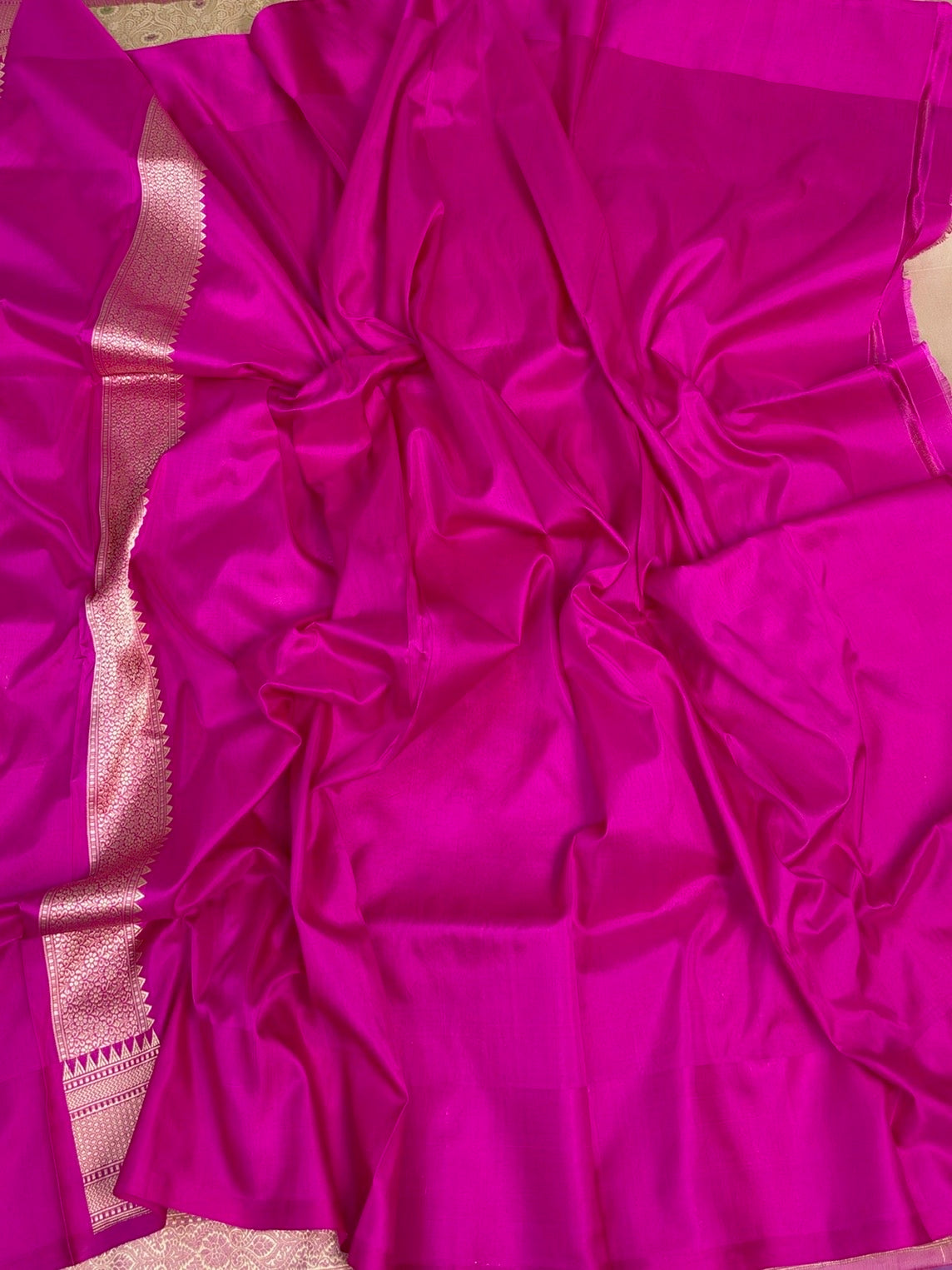 Beige Handwoven Banarasi Pure Silk Brocade Saree with Rani Pink Satin Border