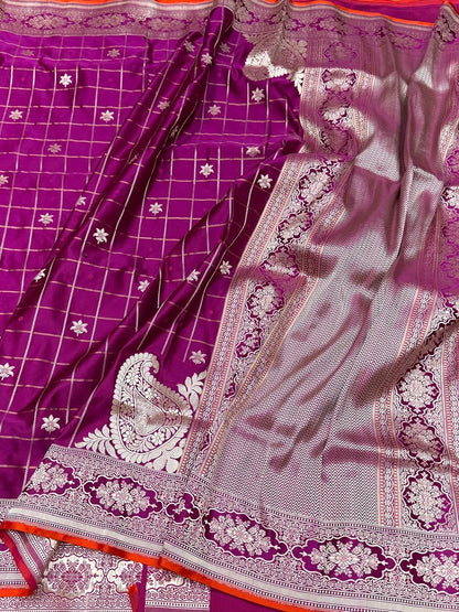 Magenta Pink Handwoven Pure Banarasi Satin Silk Saree