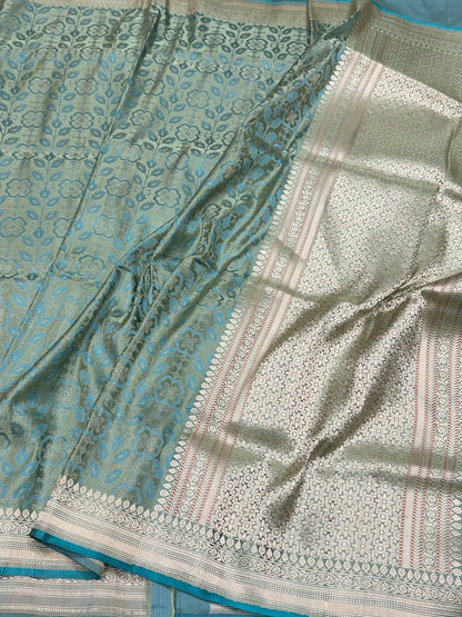 Mint Green Handwoven Pure Banarasi Satin Tanchoi Silk Saree