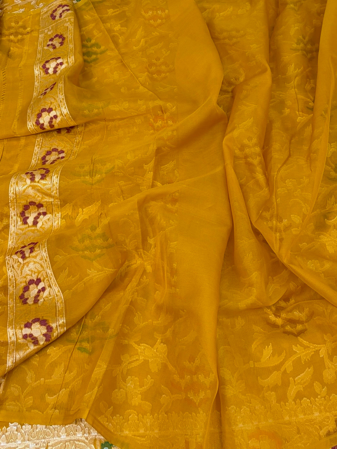 Mustard Yellow Banarasi Pure Kora Jamdani Saree