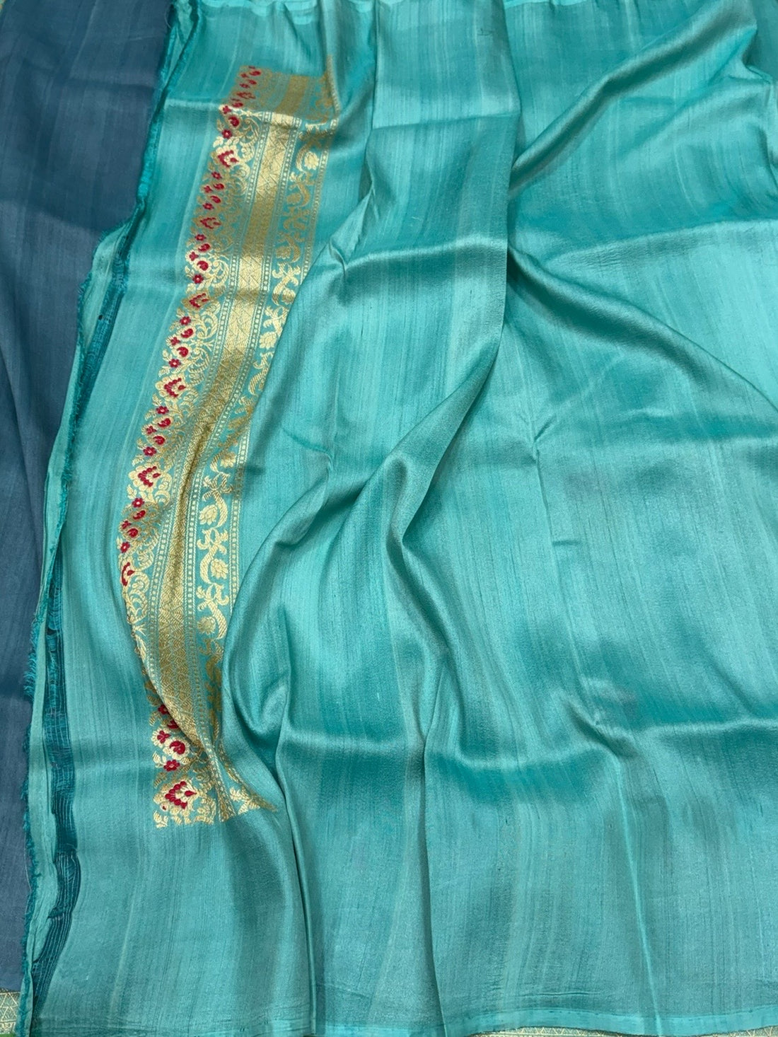 Sky Blue Handwoven Pure Tussar Georgette Saree