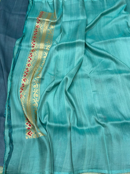 Sky Blue Handwoven Pure Tussar Georgette Saree