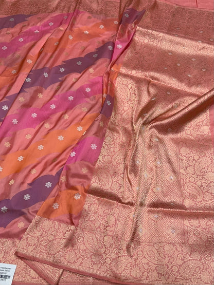 Peach Handwoven Pure Banarasi Rangkaat Silk Saree