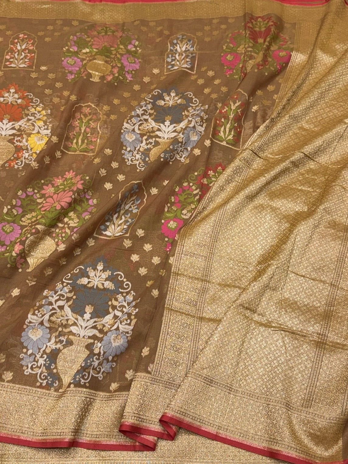 Brown Pure Muslin Cotton Jamdani Saree