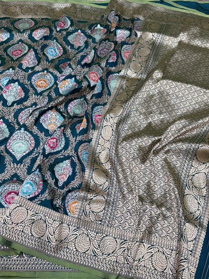 Deep Teal Blue Handwoven Pure Banarasi Silk Saree in Kadwa Weave – 100% Katan Mulberry Silk
