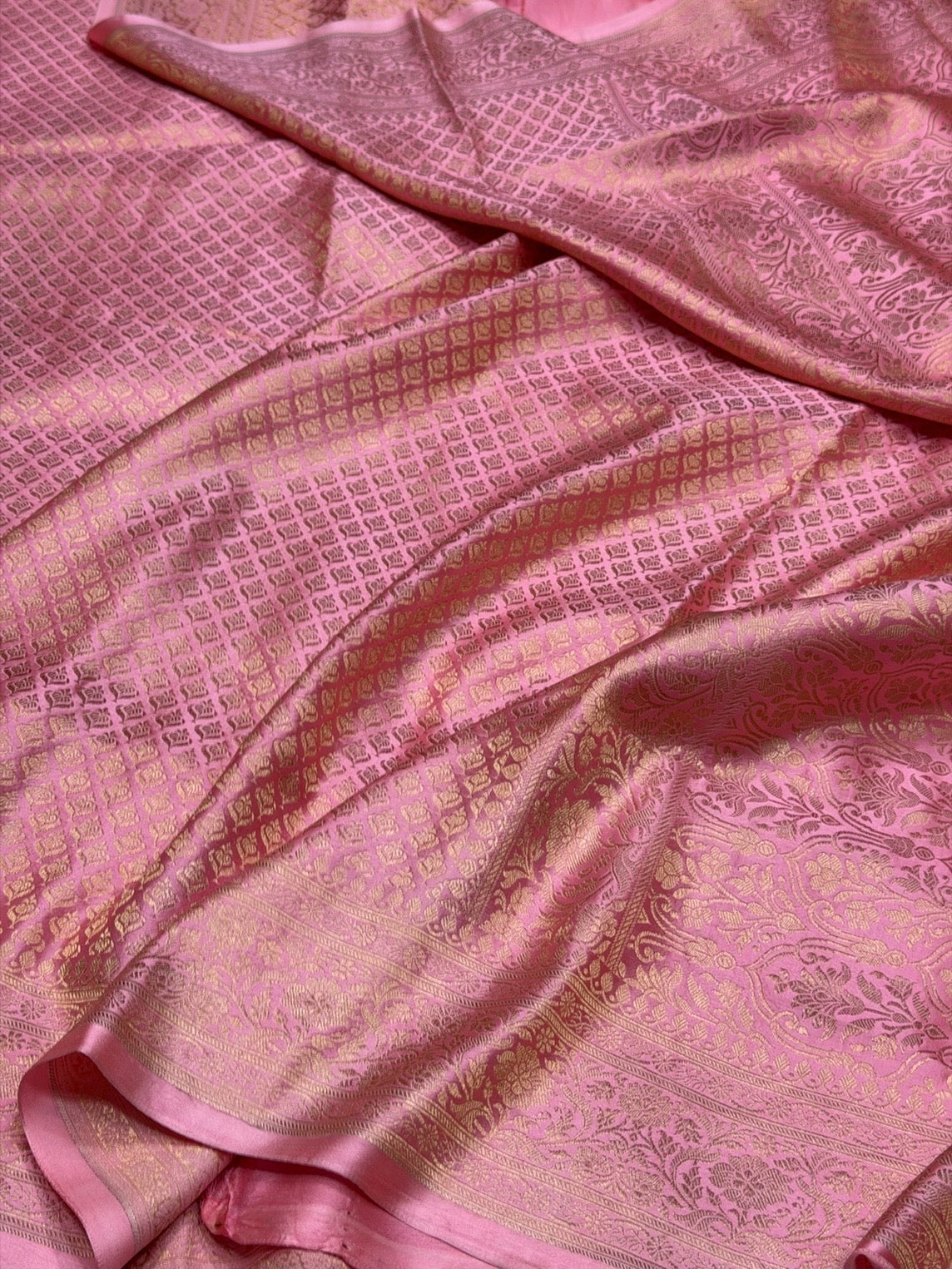 Baby Pink Handwoven Pure Mashru Banarasi Satin Silk Saree