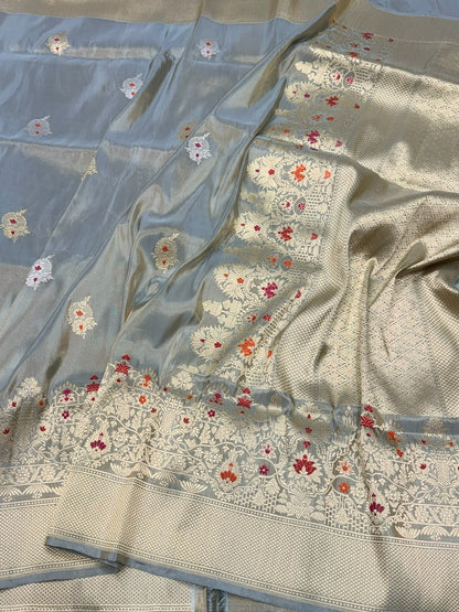 Ash Grey Handwoven Pure Banarasi Tissue Saree