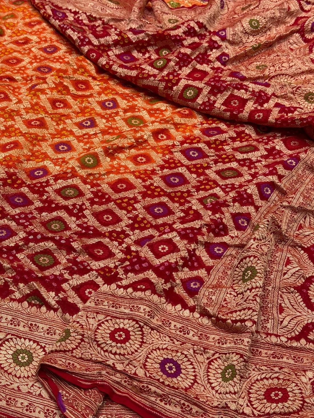 Red Banarasi Pure Bandhej Georgette Saree – Luxury Cutwork Brocade Wedding &amp; Festive Saree