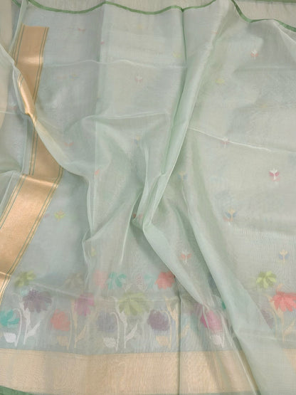 Sea Green Handwoven Pure Banarasi Kora Jamdani Silk Saree