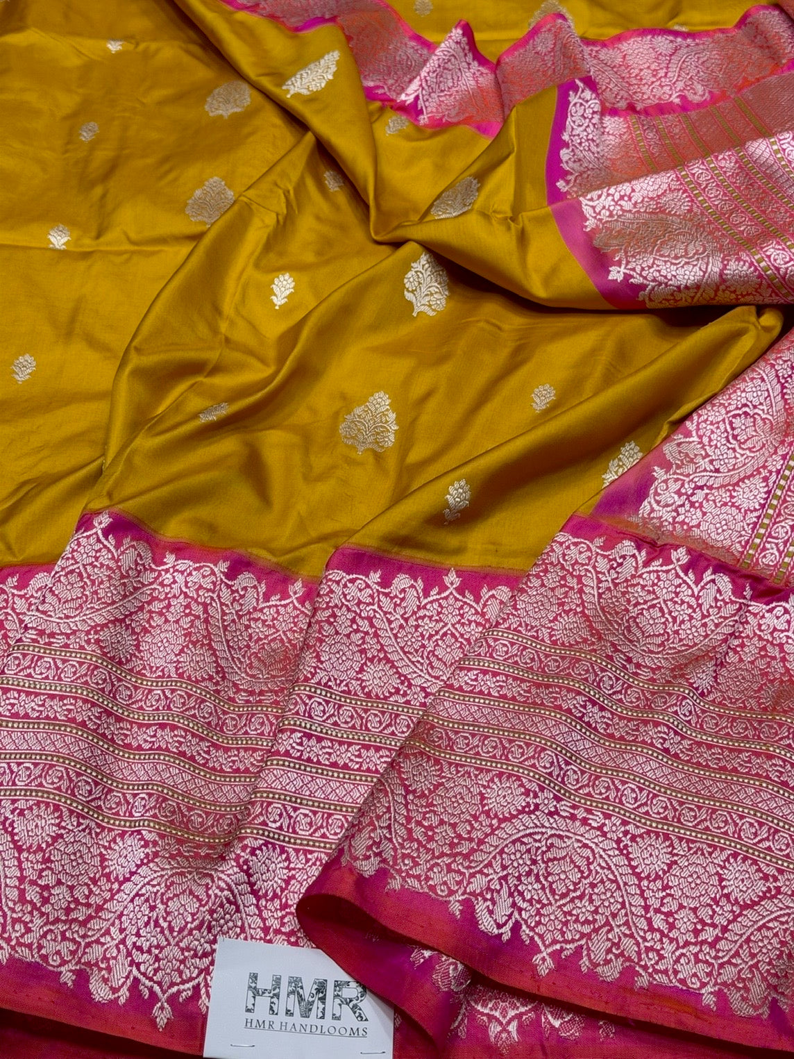 Mustard Yellow /Rani Pink Handwoven Pure Banarasi Ektara Silk Saree