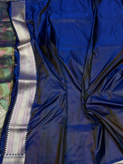 Navy Blue Handwoven Pure Banarasi Satin Silk Saree