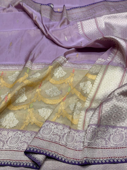 Lavender Handwoven Pure Banarasi Tissue Saree in Kadwa Weave | Pure Katan Tissue Silk