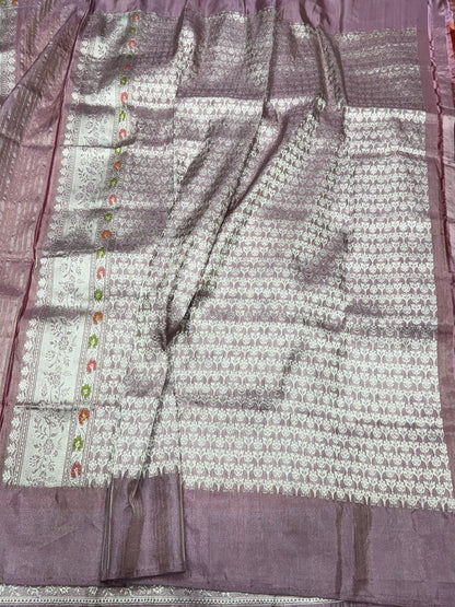 Peach Handwoven Pure Banarasi Ektara Silk Saree – Kadwa Iktara Weave, Pure Mulberry Silk