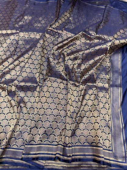 Navy Blue Handwoven Pure Banarasi Satin Tanchoi Silk Saree