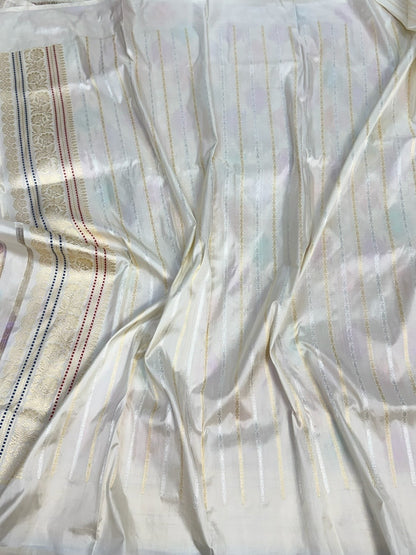 Ivory Handwoven Pure Banarasi Rangkaat Silk Saree – Pure Katan Silk