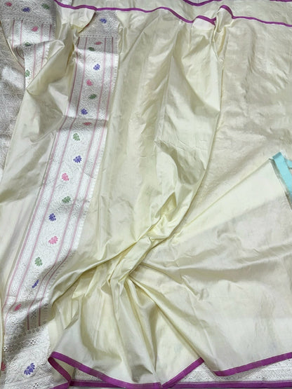 Cream Handwoven Pure Banarasi Tissue Silk Saree – Kadwa Weave in 100% Ektara Tissue Silk