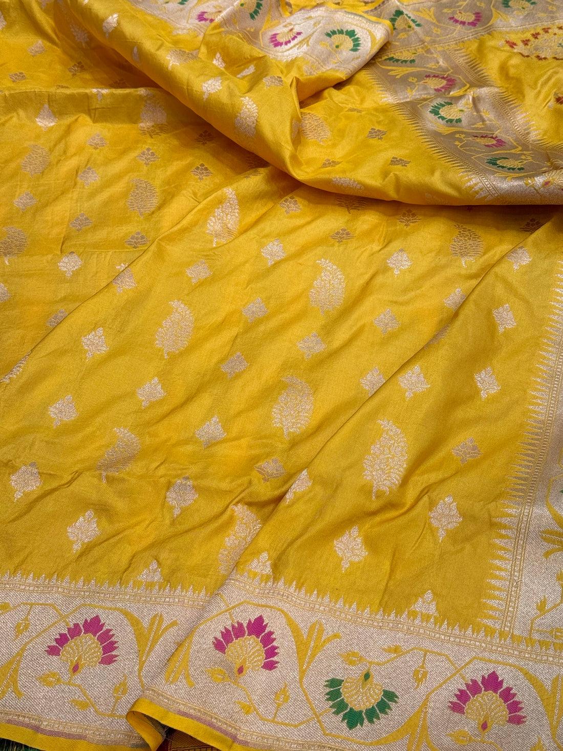 Yellow Pure Banarasi Paithni Border Saree