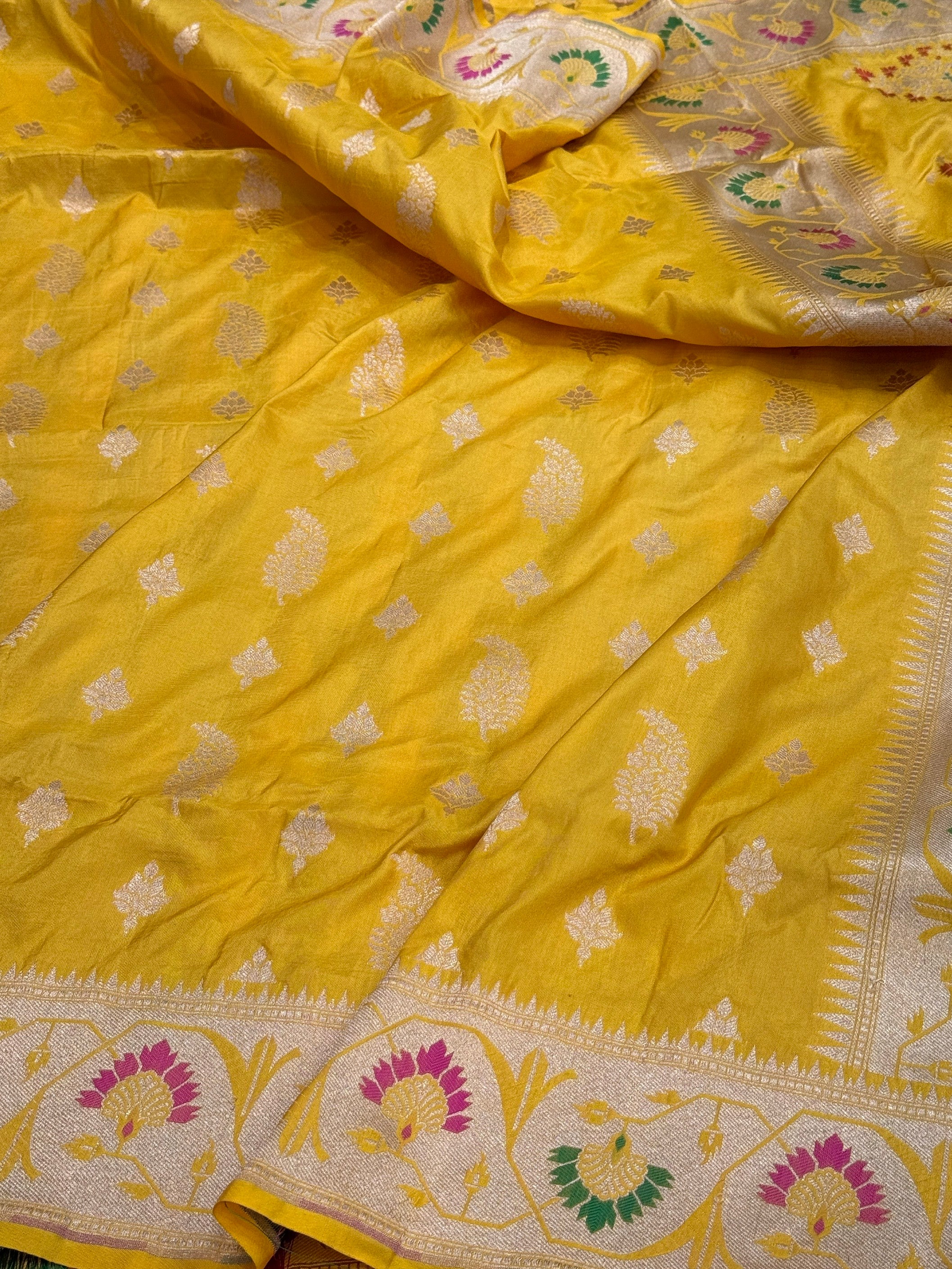 Yellow Pure Banarasi Paithni Border Saree