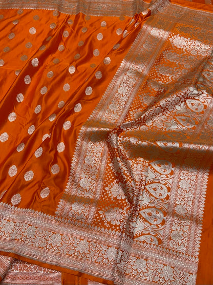 Orange Handwoven Vintage Pure Banarasi Satin Silk Saree