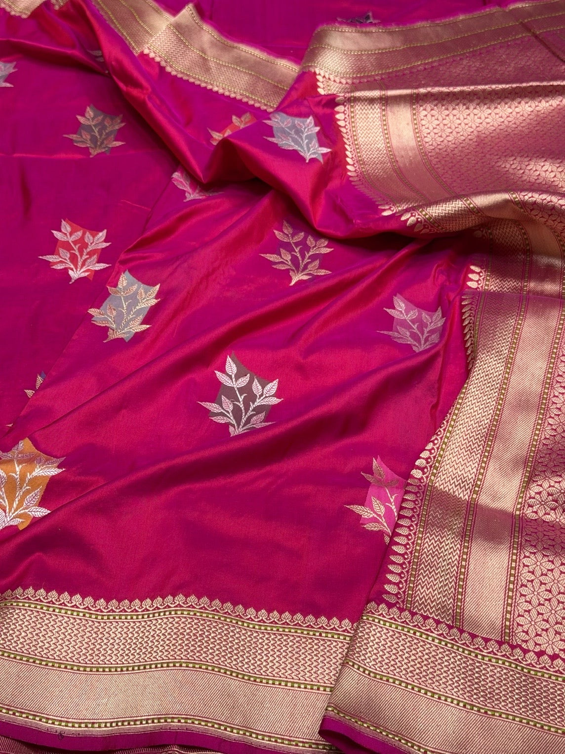 Rani Pink Handwoven Pure Banarasi Silk Saree in Kadwa Weave | Authentic Katan Mulberry Silk