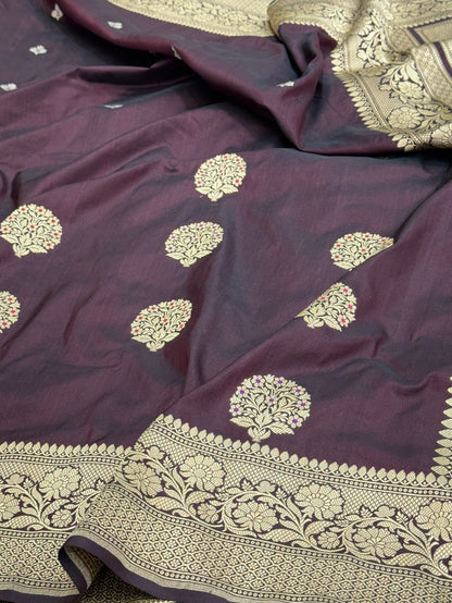 Wine Handwoven Pure Banarasi Silk Saree