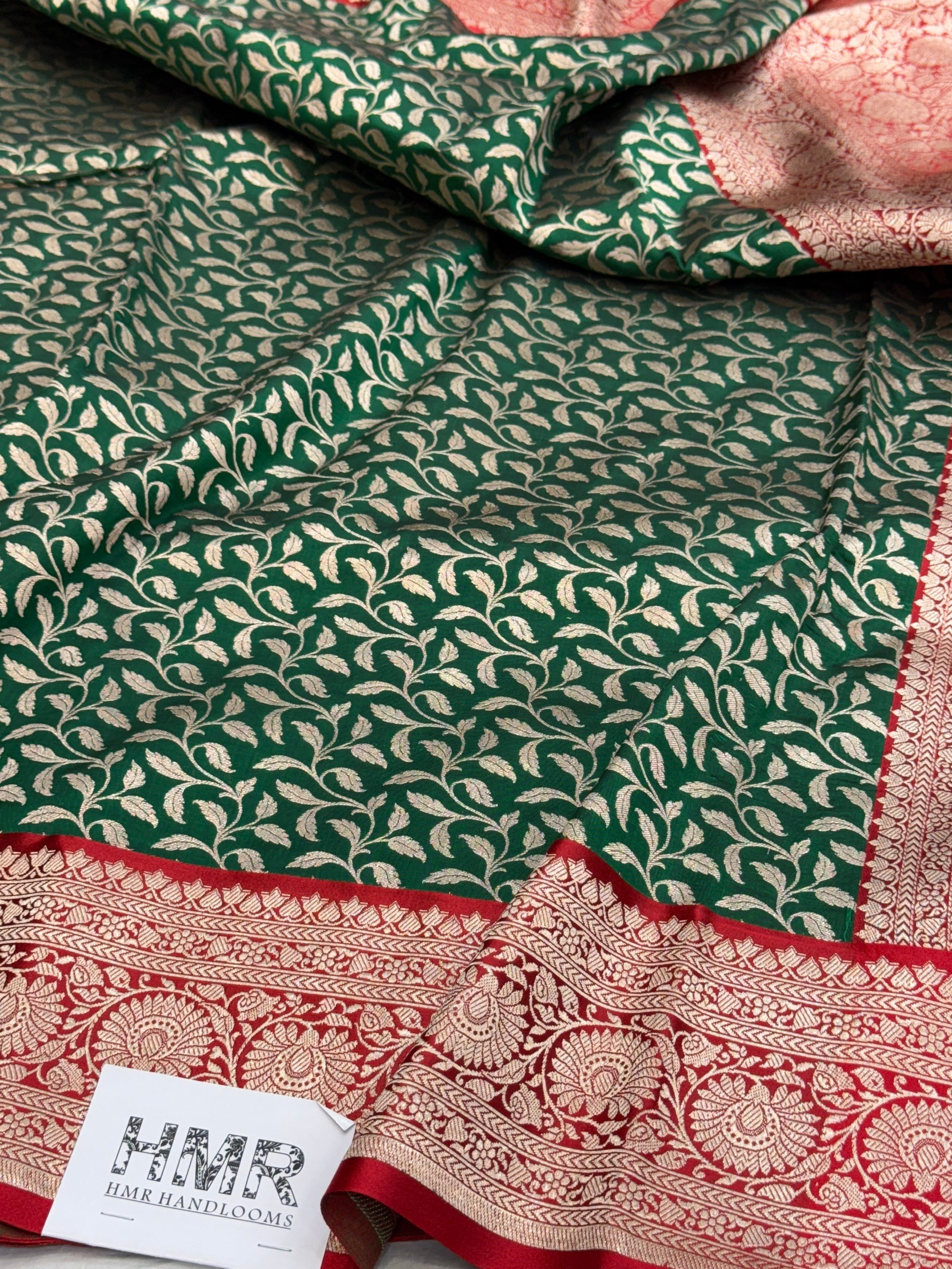 Bottle Green Pure Banarasi Satin Border Silk Saree