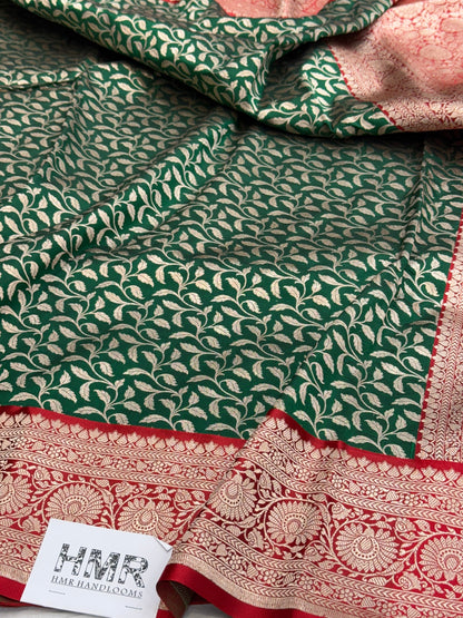 Bottle Green Pure Banarasi Satin Border Silk Saree
