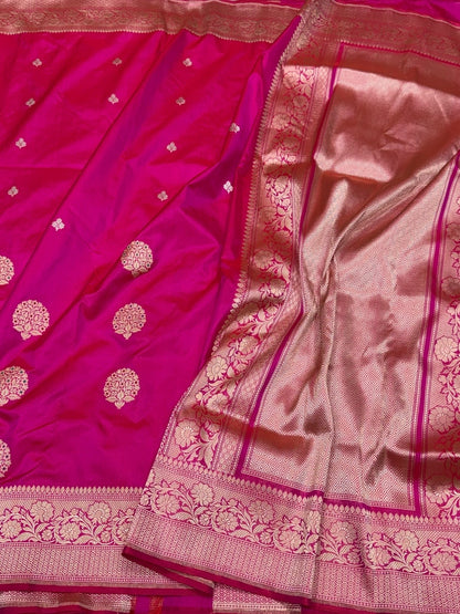 Rani Pink Handwoven Pure Banarasi Silk Saree – Katan Silk, Kadwa Weave &amp; Elegant Traditional Borderal Border