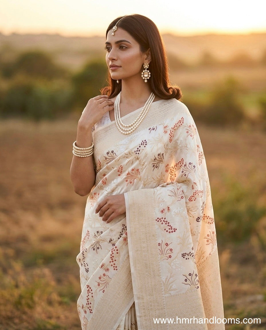 Ivory Handwoven Pure Banarasi Silk Saree