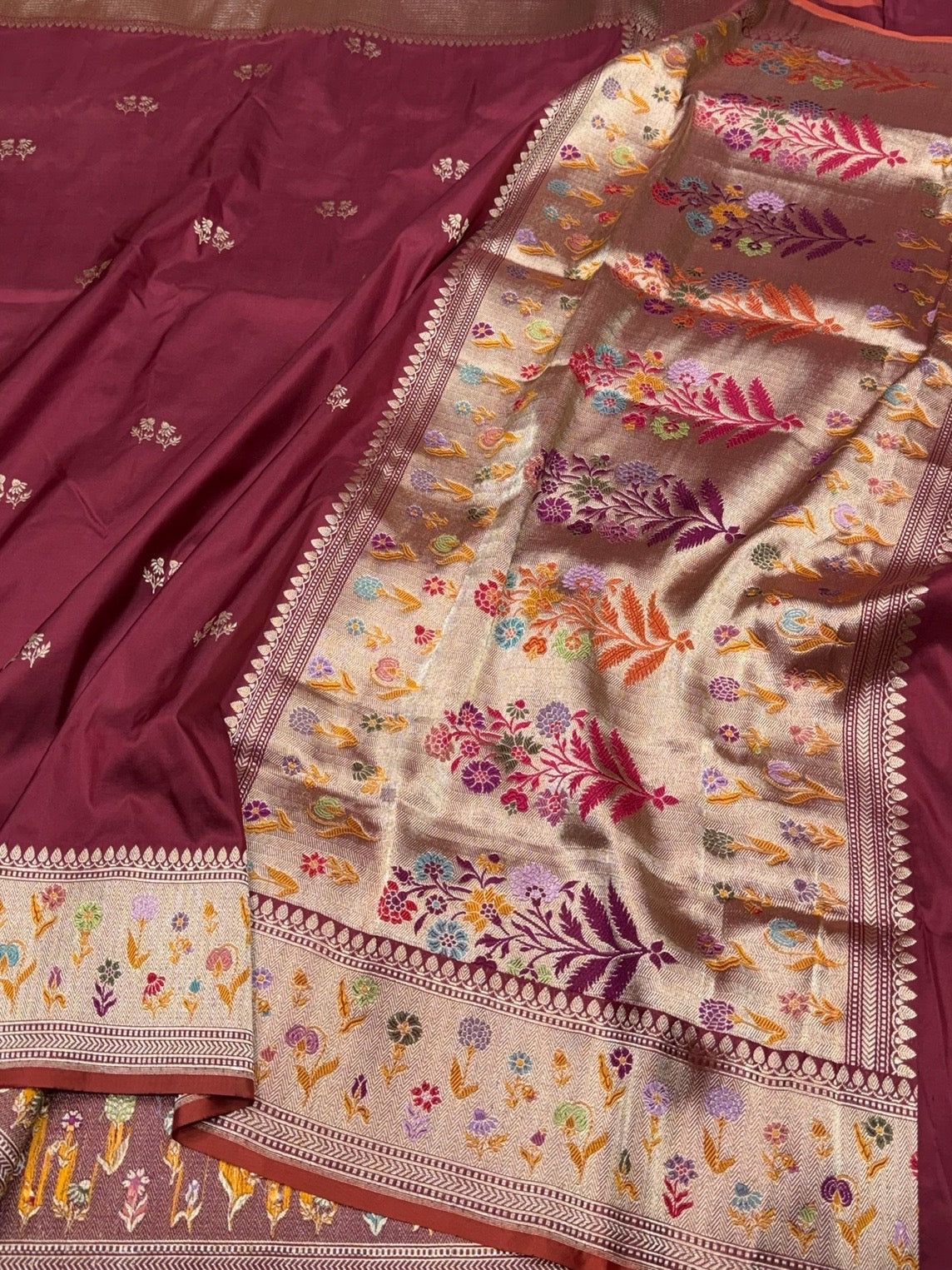 Wine Handwoven Pure Banarasi Silk Saree – Kadwa Katan Mulberry Silk | Authentic Banaras Handloom