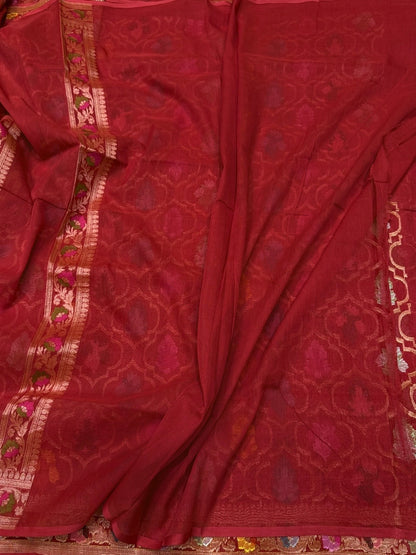 Red Pure Muslin Cotton Jamdani Saree