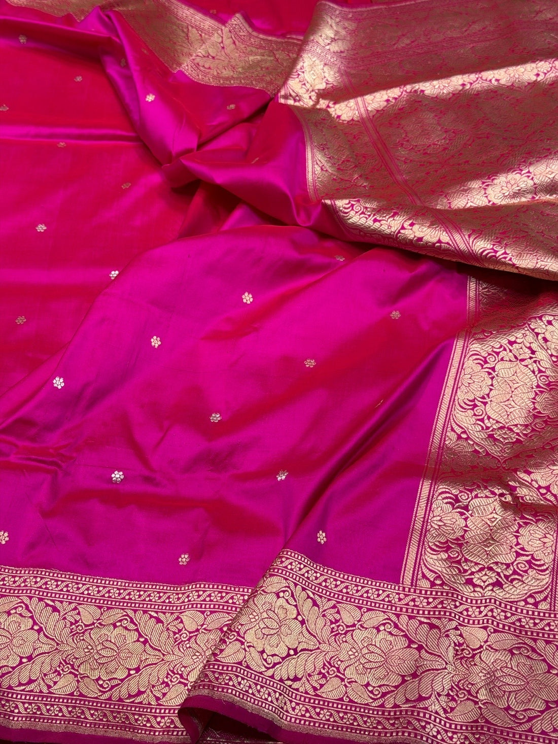 Rani Pink Handwoven Pure Banarasi Silk Saree – Kadwa Weave in 100% Katan Mulberry Silk