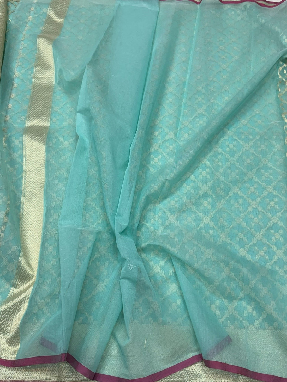 Sea Blue Banarasi Pure Kora Cotton Saree