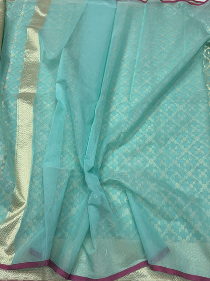 Sea Blue Banarasi Pure Kora Cotton Saree