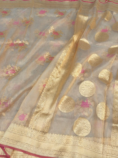 Champagne Gold Pure Banarasi Tissue Silk Saree | Pure Kora Tissue | Cutwork Technique