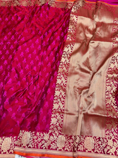 Red Handwoven Pure Banarasi Satin Tanchoi Silk Saree – 100% Pure Satin Silk, Kadwa Weave
