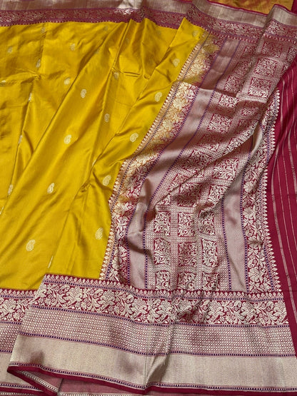 Mustard Yellow Handwoven Pure Banarasi Ektara Silk Saree – Kadwa Iktara Weave, Pure Mulberry Silk