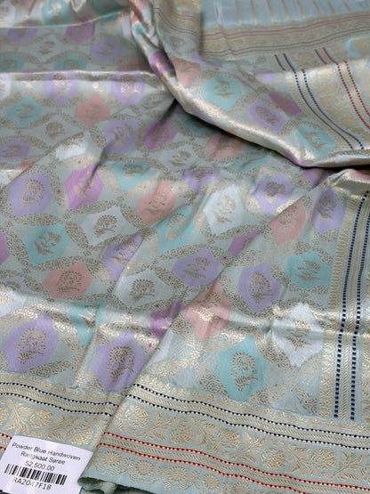 Powder Blue Handwoven Rangkaat Pure Banarasi Silk Saree